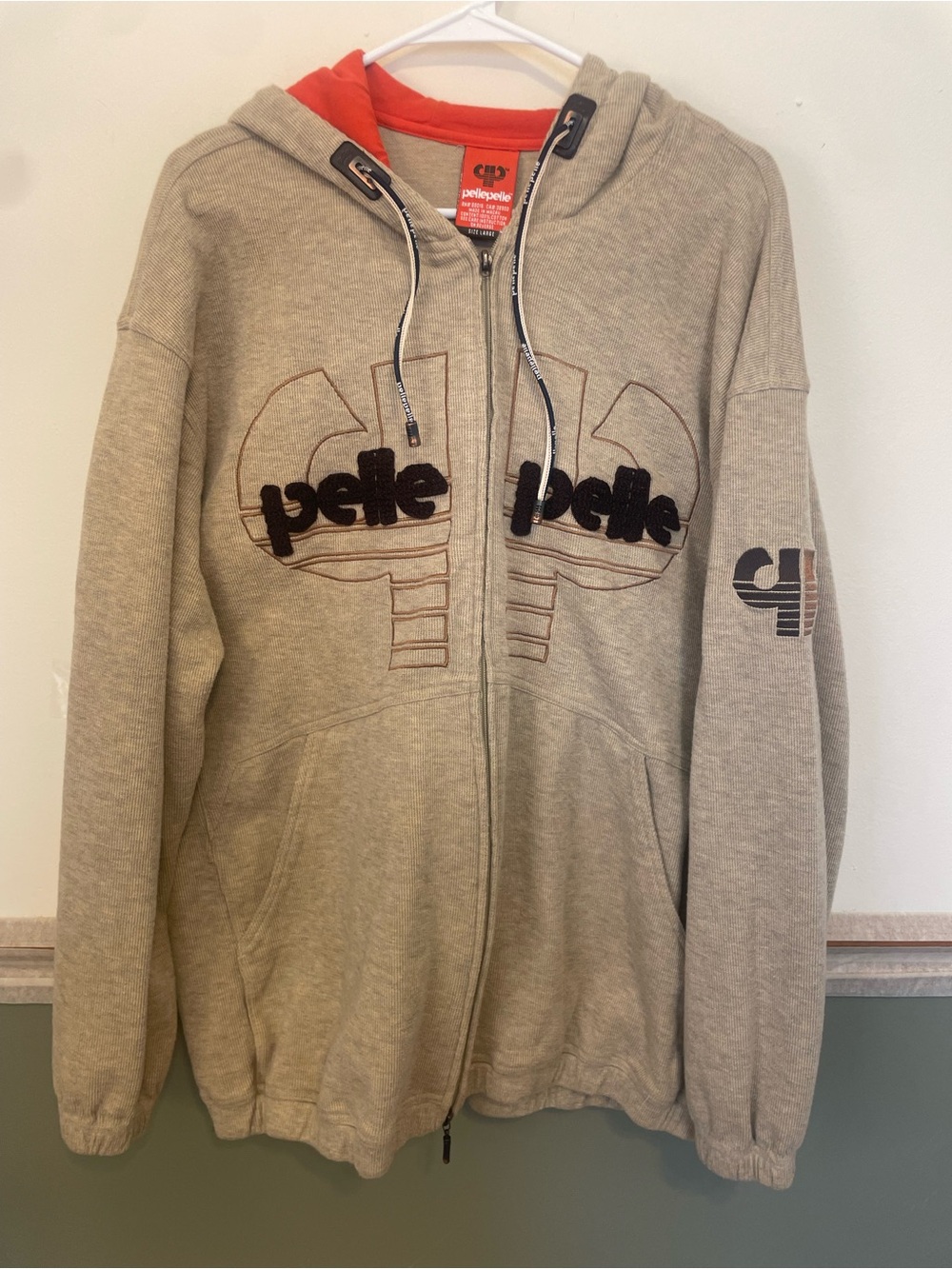 Pelle Pelle VTG Beige Orange Ribbed Hooded Zip  Sweatshirt Hip Hop Marc Buchanan